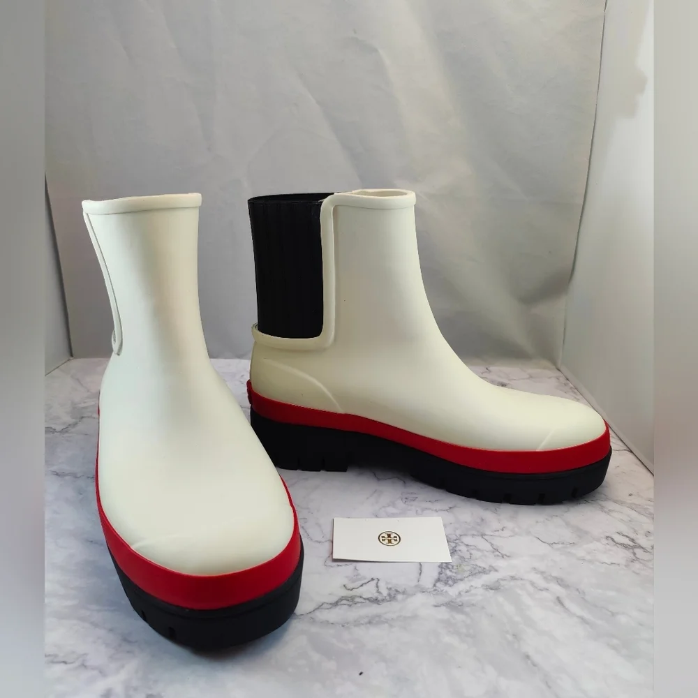 TORY BURCH White Foul Weather Hurricane Ankle Boots Size 10M Ivory/Perfect Black